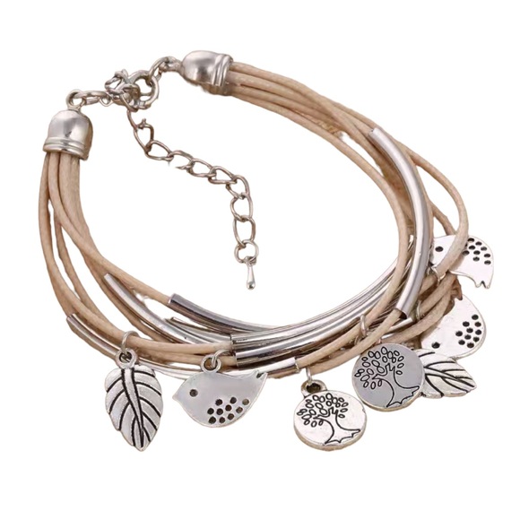 Boho Style Layered Faux Leather Bracelet with Bird and Tree Charms - Picture 4 of 8